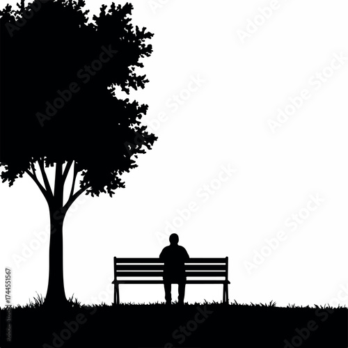 Silhouette of a person sitting alone on a park bench.