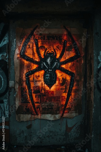 Dark Spider Mural – Glowing Red Arachnid Graffiti on Grunge Wall, Urban Horror Vibes, Creepy Halloween Street Art with Portrait Layer
