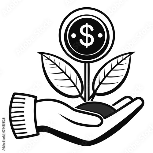 Vector illustration of an investment growth icon showing a hand holding a plant sprouting from a coin, symbolizing financial success, business savings, and sustainable wealth