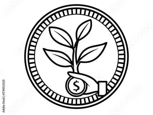 Vector illustration of an investment growth icon showing a hand holding a plant sprouting from a coin, symbolizing financial success, business savings, and sustainable wealth