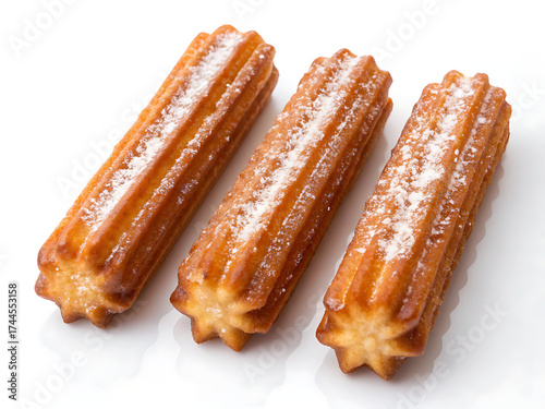 Three churros sprinkled with powdered sugar on a white surface in a studio shot close up view