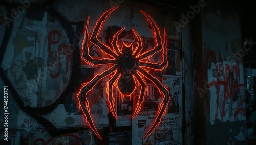 Neon Red and orange Spider Graffiti on Urban Wall – Creepy Arachnid Street Art with Glowing Effect, Halloween Horror Vibes in Abandoned Alley, Dark Mysterious Atmosphere
