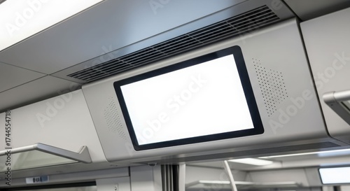 A blank digital screen is mounted on the ceiling of a train car, ready for advertisement or information display.