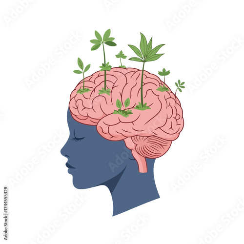 Brain with Plants Growing Out of it Symbolizing Growth and Mental Health