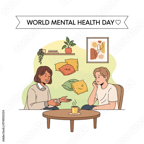 World Mental Health Day illustration of therapy session with two people talking