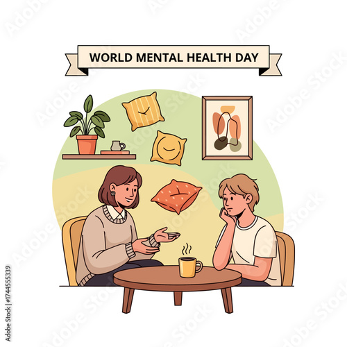 World Mental Health Day illustration of therapy session with pillows