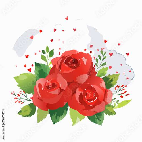 Leuchtender Aquarell-Hintergrund mit roten Rosen in voller Blüte.