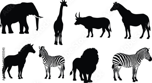 African wild animal silhouettes including elephant, lion, giraffe, zebra, buffalo, and horse, wildlife safari collection, jungle nature illustration