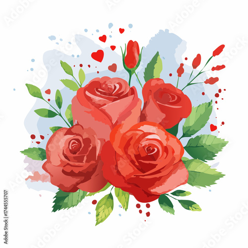 Leuchtender Aquarell-Hintergrund mit roten Rosen in voller Blüte.