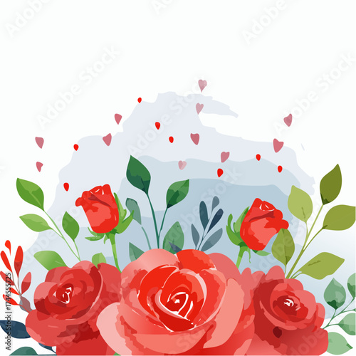 Leuchtender Aquarell-Hintergrund mit roten Rosen in voller Blüte.