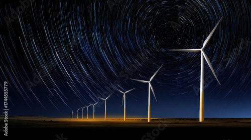 Glowing Wind Farm at Night with Star Trails and Maintenance Lights Illuminating Wind Turbines in a Scenic Landscape