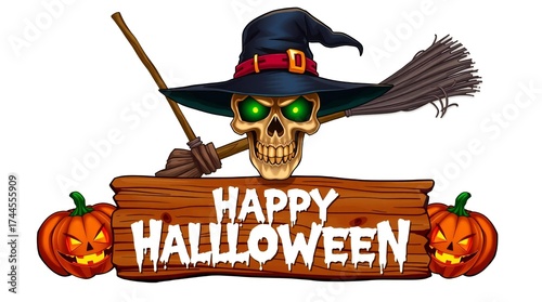 Scary halloween skeleton witch with broom and pumpkins on wooden sign