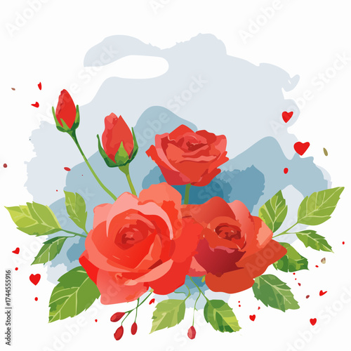 Leuchtender Aquarell-Hintergrund mit roten Rosen in voller Blüte.