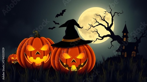 Spooky halloween scene with carved pumpkins and a haunted house under a full moon