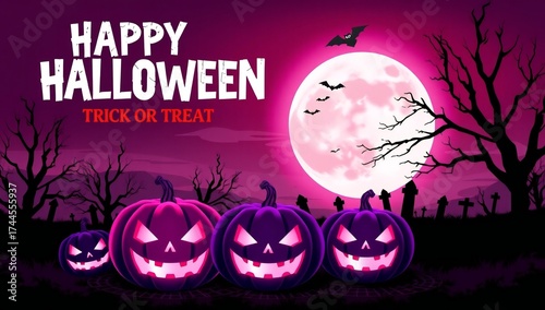 Spooky halloween night with jack o lanterns and full moon