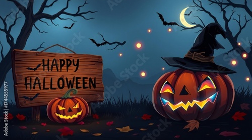 Spooky halloween night with carved pumpkins and a witch hat