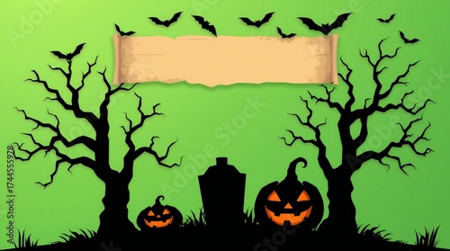 Halloween scene with spooky trees pumpkins bats and a blank banner