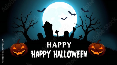 Spooky halloween cemetery scene with jack o lanterns and full moon