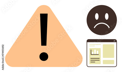 Large warning alert triangle with exclamation mark, sad face icon, and error dashboard. Ideal for error messages, failures, warnings, system issues, troubleshooting, risk awareness simple flat