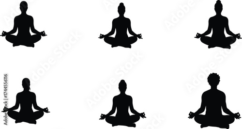 Group of diverse people meditating in lotus yoga pose, mindfulness, calm, balance, wellness, relaxation, inner peace, and spiritual harmony.