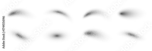 Halftone abstract shapes. Dotted gradient spots. Curved grain forms, round stipple figures, monochrome blur texture. Oval raster mesh, retro speck pattern, fading dot ornament. Black white shading