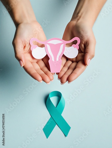 teal ribbon held in hands symbolizing ovarian cancer awareness and support campaign | health, cancer, awareness, support, hope theme