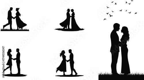 Romantic couple silhouette illustration, man and woman holding hands in love, outdoor romance scene with birds, vector relationship artwork design