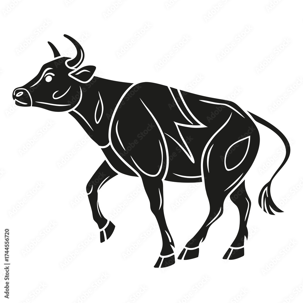 Fototapeta premium Stylized black bull silhouette with white outline