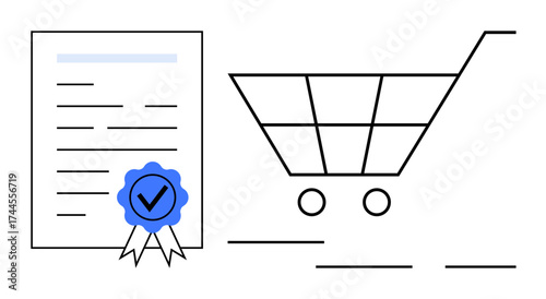 Shopping cart alongside certified document with a checkmark ribbon seal. Ideal for e-commerce, online shopping, certification, approval, trust, digital contracts, secure payments, simple flat