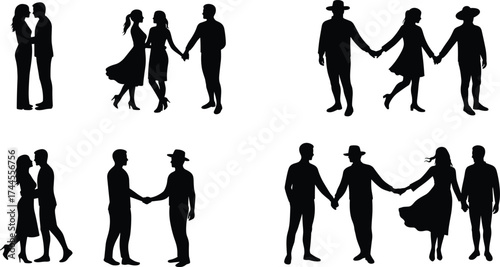 Romantic couple silhouette illustration, people holding hands, love relationship vector design, man and woman together, friendship and affection concept