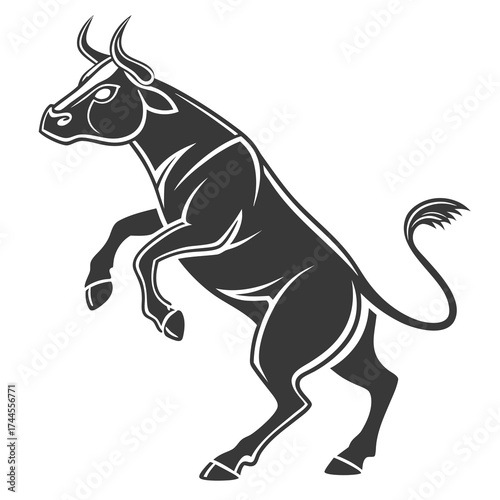 Powerful bull rearing up on hind legs stylized illustration