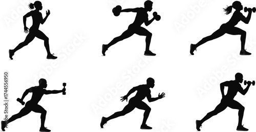 Silhouette athletes performing running, sprinting, and dumbbell exercises, showcasing strength, fitness, endurance, workout training, and healthy active lifestyle concepts.