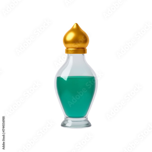 Elegant glass perfume bottle with golden lid and green liquid isolated on transparent background