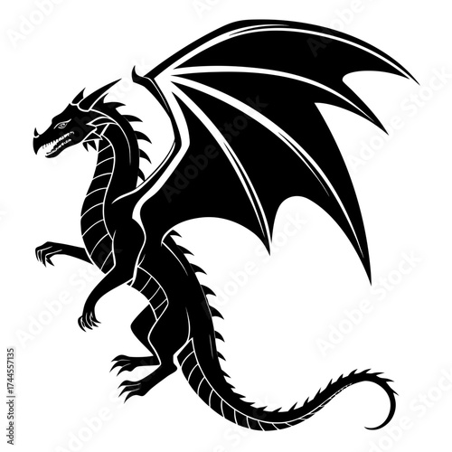 Black silhouette of a fierce dragon with large wings
