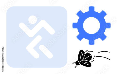 Running figure symbolizing agility, gear for productivity, bug illustrating troubleshooting. Ideal for development, teamwork, problem-solving, agile process, efficiency, debugging optimization