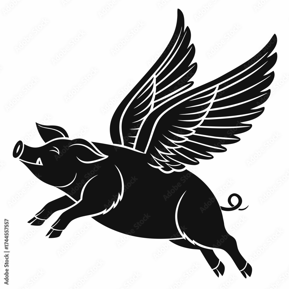 Fototapeta premium Black silhouette of a flying pig with wings