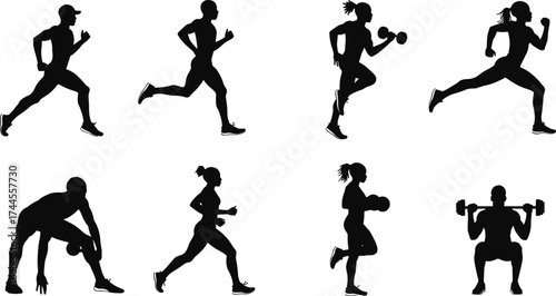 Silhouette of athletes running, exercising, lifting weights, training, fitness workout, strength, endurance, gym routine, healthy lifestyle, and sports motivation