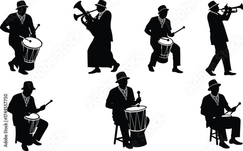 Silhouette musicians playing drums, trumpet, and trombone, representing jazz band performance, rhythm, live music, entertainment, and artistic expression.