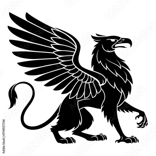 Black silhouette of a majestic griffin with wings spread