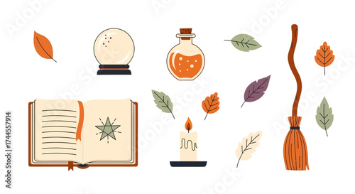 Create a whimsical Halloween design with this charming spell book, potion, crystal ball, candle, broom, and autumn leaves for magical vibes
