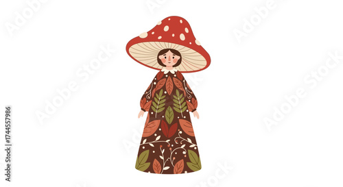 Enchanting mushroom girl with autumn leaves dress for seasonal designs and whimsical children's illustrations