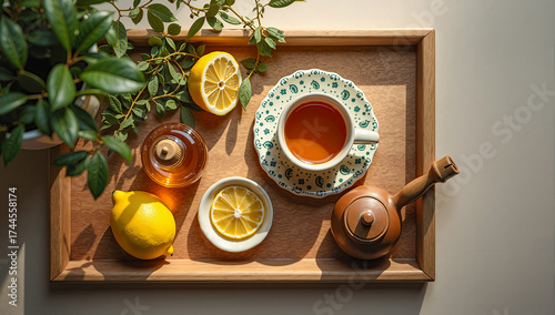 Flat lay of tea set with herbal tea, lemon, and honey on wooden tray, cozy indoor setup with soft daylight, calm and relaxing healthy lifestyle
