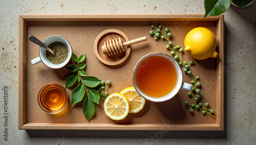 Flat lay of tea set with herbal tea, lemon, and honey on wooden tray, cozy indoor setup with soft daylight, calm and relaxing healthy lifestyle