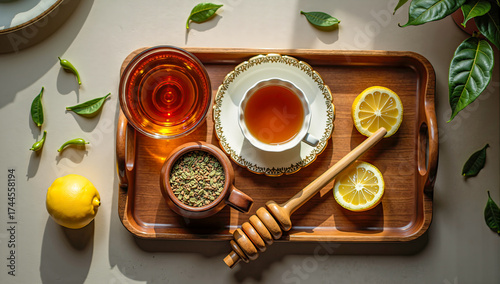 Flat lay of tea set with herbal tea, lemon, and honey on wooden tray, cozy indoor setup with soft daylight, calm and relaxing healthy lifestyle