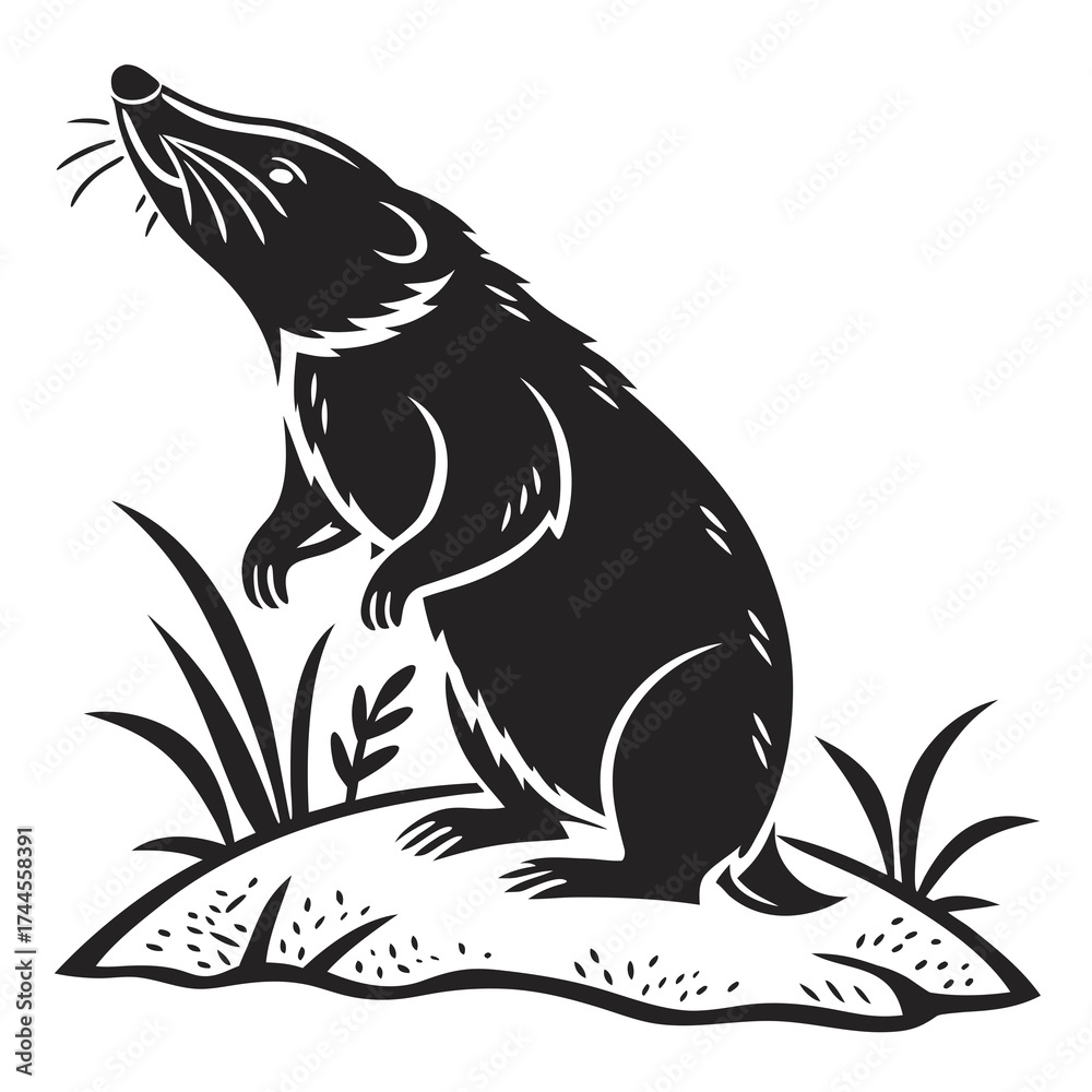 Obraz premium Stylized black and white illustration of a mole standing upright in grass