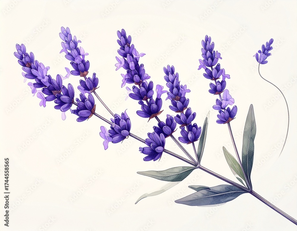 Naklejka premium Lavanda minimalista, Ilustración de ramita de lavanda con flores alargadas pequeñas, líneas finas y formas simples
