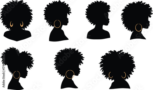 Silhouette of elegant women with afro hairstyles and gold earrings, natural beauty, confidence, empowerment, diversity, style, fashion, feminine strengthSilhouette of elegant women with afro 