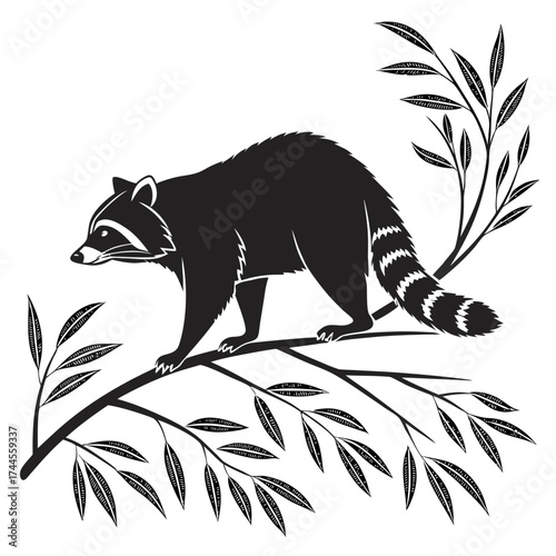 Raccoon silhouette walking on a branch with leaves