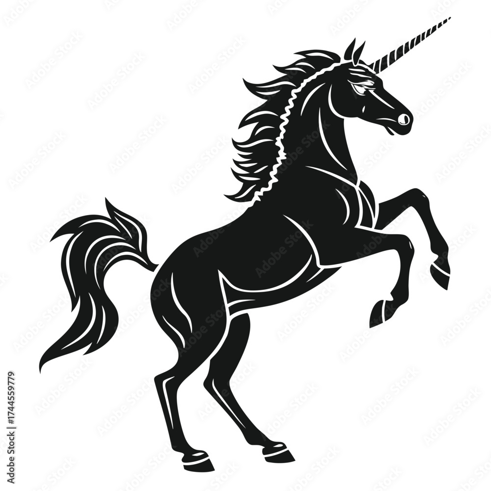 Obraz premium Majestic black unicorn rearing up on white background