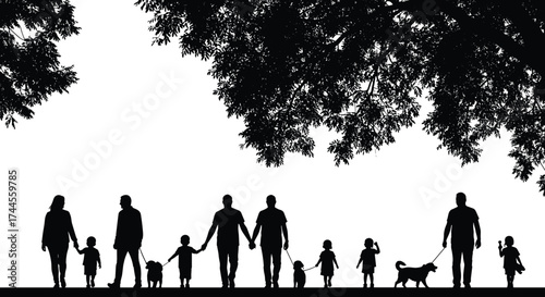 Silhouette of families walking with children and dogs under tree canopy, symbolizing unity, love, bonding, nature, and outdoor lifestyle